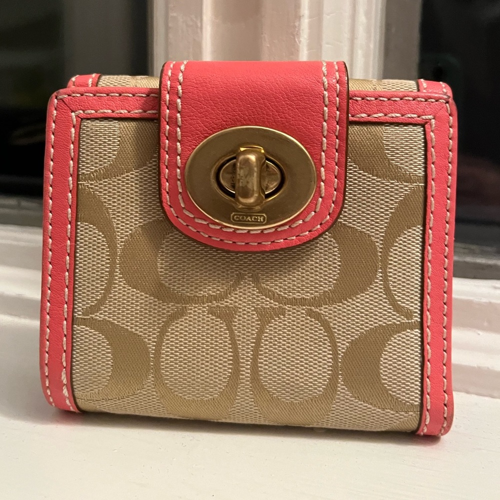 Coach Square Wallet with Coral leather trim